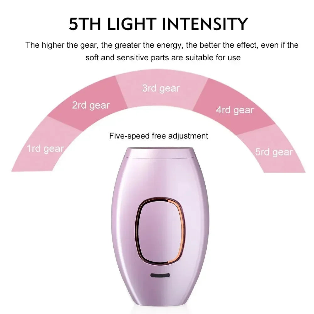 Velora IPL handset — five adjustable intensity levels